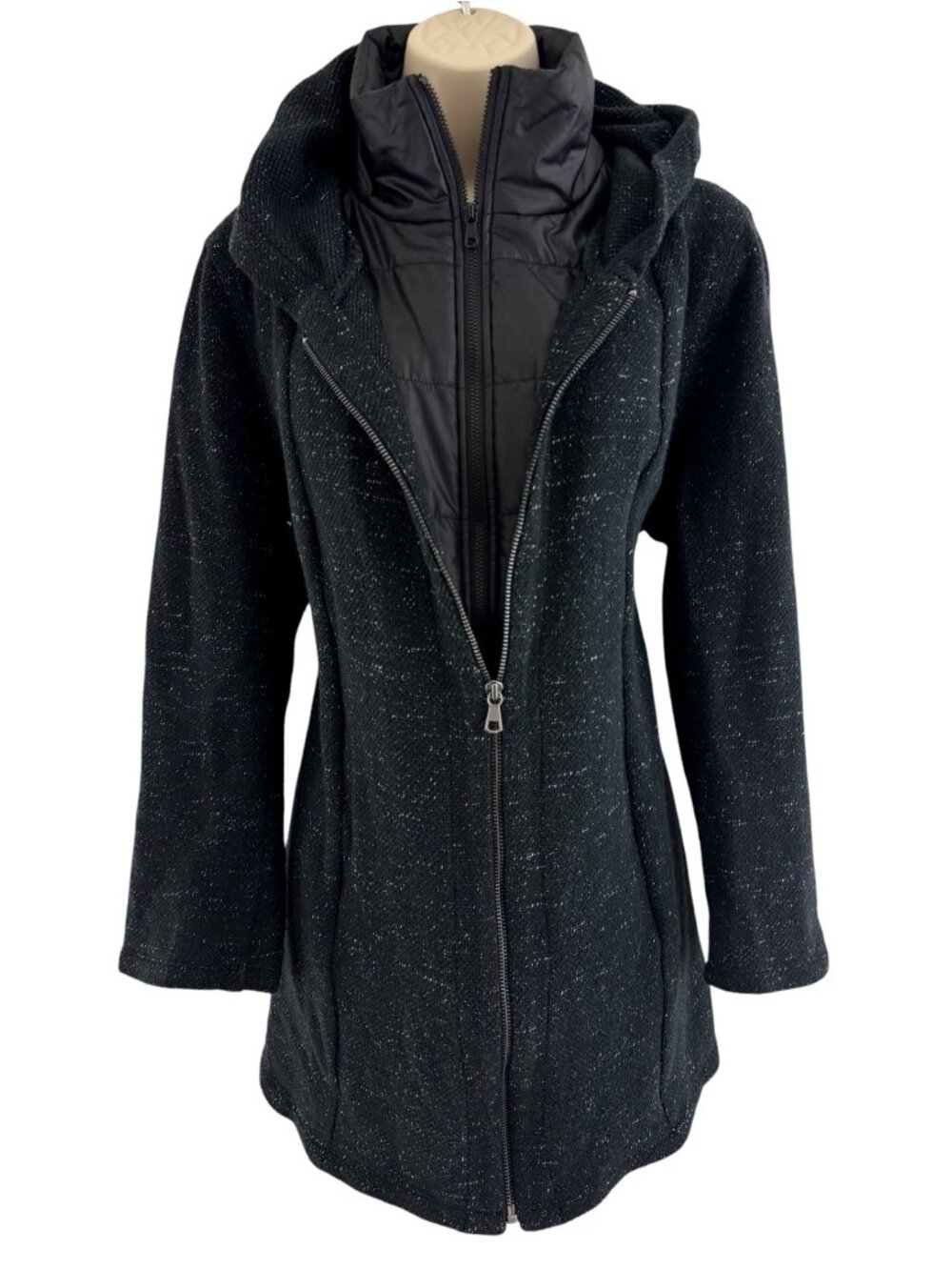 Chico's Size 2 = L/ 12 Zenergy Black Knit Full‎ Zip Jacket Coat with Zip-In Vest